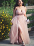 A Line Straps Pink Tulle Prom Dress with Slit and Rhinestones LBQ3175